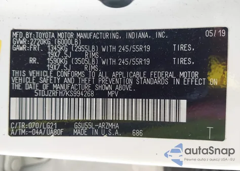 2019 Toyota Highlander Se из США, поврежденный, VIN 5TDJZRFH7KS994268